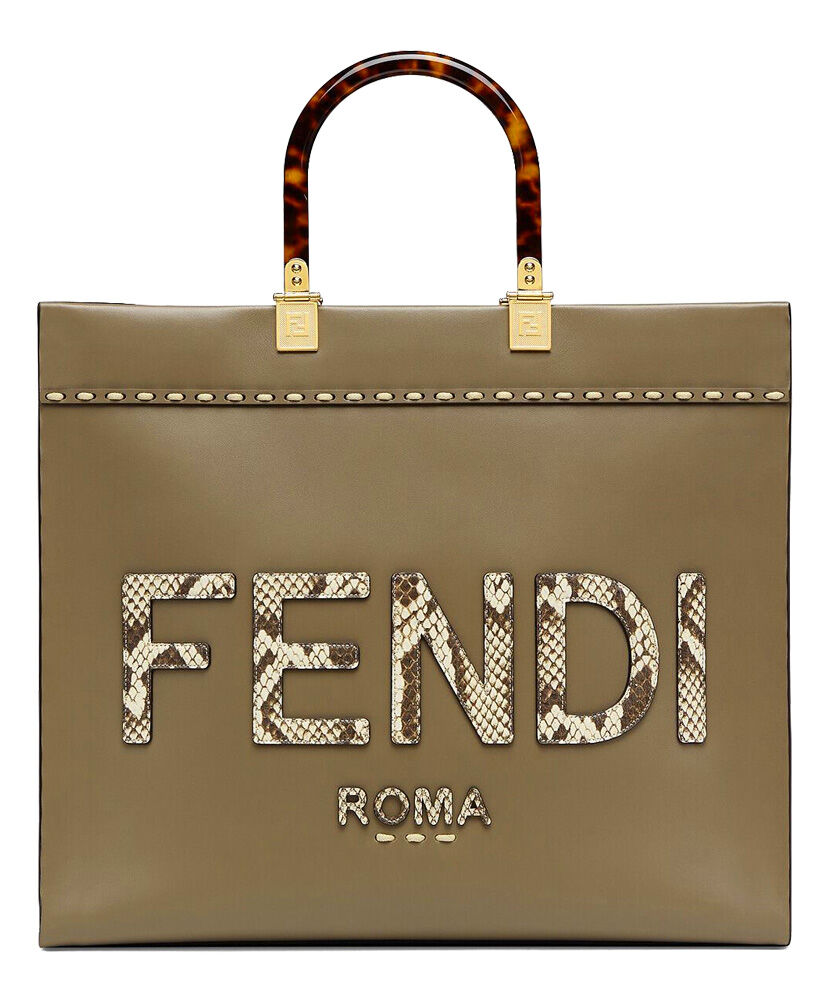 Fendi Sunshine Medium Leather And Elaphe Shopper Bag 8BH386 Khaki